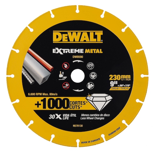 Dewalt Extreme Metal DW8590 circular saw blade for cutting metal, 230 mm (9 inch) diameter, with yellow and black design, diamond edge, and labeled for over 1000 cuts and 30 times longer life.