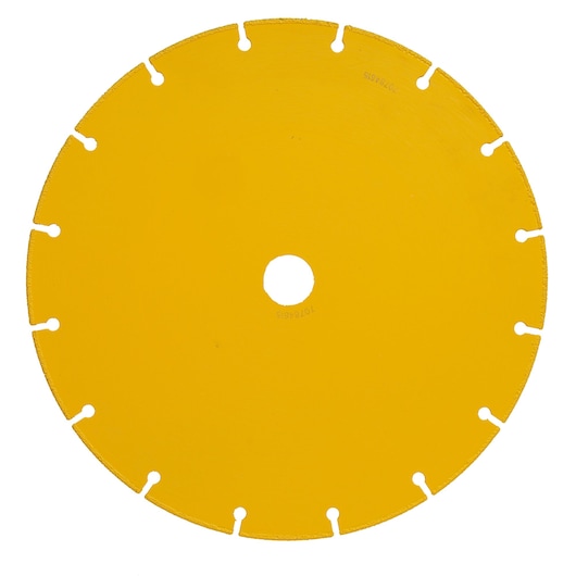A yellow circular saw blade with segmented edges and a central hole, photographed on a white background.