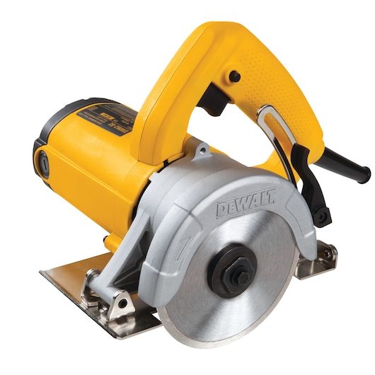 DEWALT DW862 yellow tile cutter with circular blade and ergonomic handle on white background.
