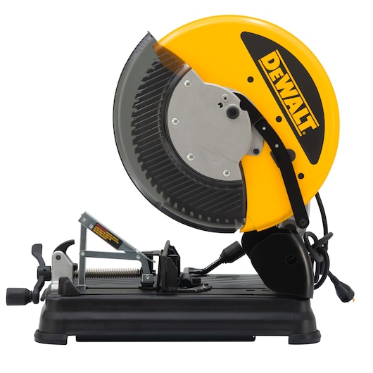 A DEWALT DW872 heavy-duty metal cutting chop saw with a yellow blade guard and black base, used for industrial cutting tasks.