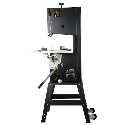A DEWALT DW876 band saw, featuring a sturdy black frame with a cutting table, adjustment mechanisms, and wheels at the base, designed for precision wood or metal cutting.