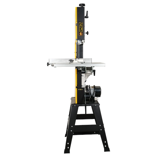 Side view of a DEWALT DW876 band saw machine with a metal table and sturdy black frame, used for woodworking and cutting various materials.