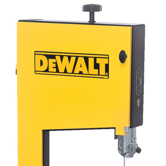 Top section of a yellow DEWALT bandsaw, showing logo and adjustment knob.