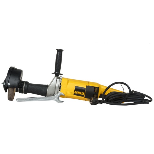 A DeWalt electric angle grinder with a yellow and black body, side handle, power cord, safety guard, grinding disc, and a metal wrench placed in front.