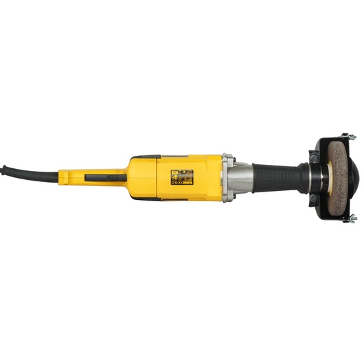 A yellow DEWALT DW882 electric grinder with a protective guard and grinding wheel, photographed against a white background.