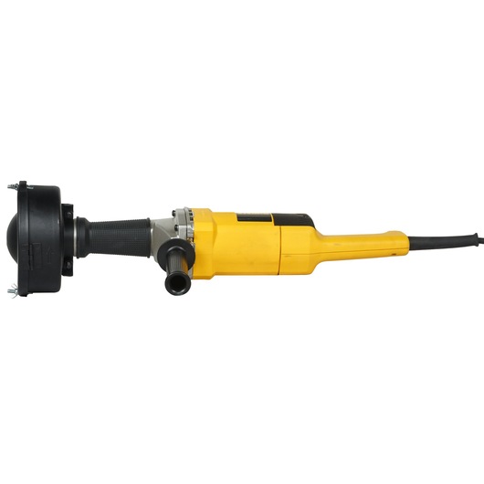 A DEWALT DW882 electric tool with a yellow body and a black handle, designed for grinding or cutting, shown with a protective guard and a side handle.
