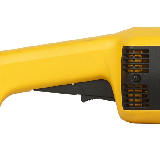 Close-up view of the handle and ventilation area of a yellow and black DEWALT power tool.