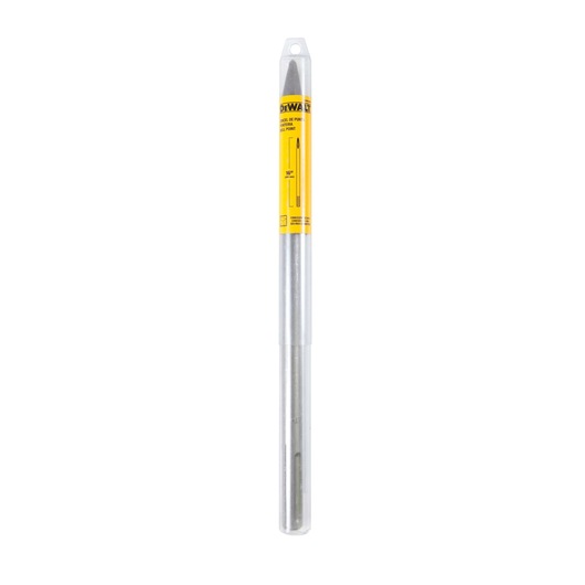 A DEWALT branded SDS max pointed chisel bit for demolition work, shown in its clear plastic protective packaging with a yellow label.