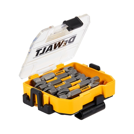 A yellow DEWALT branded plastic case with a transparent lid, containing several metal screwdriver bits organized inside.