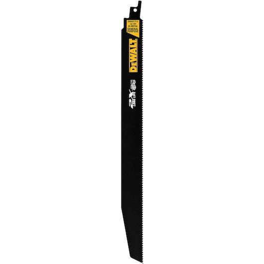 Photo of DEWALT DWA41712 black metal reciprocating saw blade, general purpose, with sharp teeth, side view.