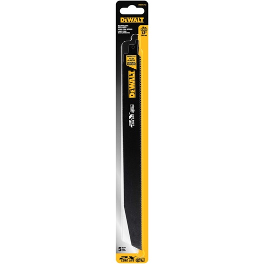 Photo of DEWALT DWA41712 black 12-inch reciprocating saw blade in retail packaging, front view.