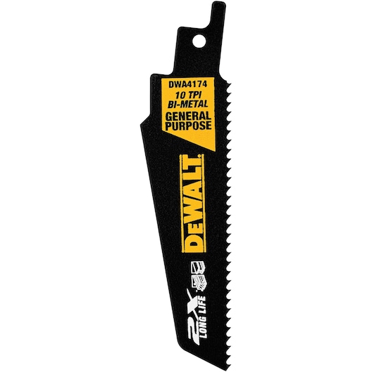 A DEWALT DWA4174 bi-metal reciprocating saw blade for general purpose cutting, featuring 10 TPI (teeth per inch) and labeled for 2X long life. The blade is black with yellow and white markings.