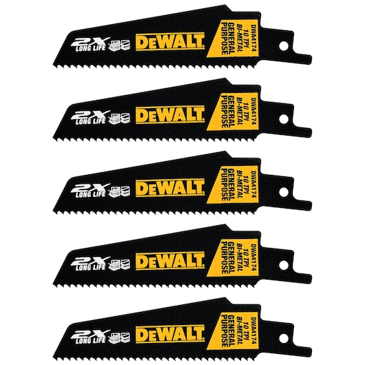 Five DEWALT branded bi-metal general purpose reciprocating saw blades, model DWA4174, arranged in a vertical stack. The blades are black with yellow and white labeling, featuring '2X Long Life' text and icons, and are designed for extended durability.