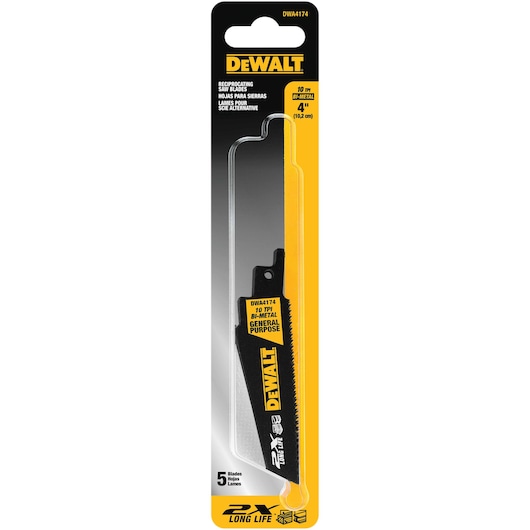 Packaged DEWALT reciprocating saw blade, model DWA4174, 4 inch bi-metal blade for general purpose cutting. The packaging is black and yellow with details about blade size, material, and long life feature. Contains 5 blades.
