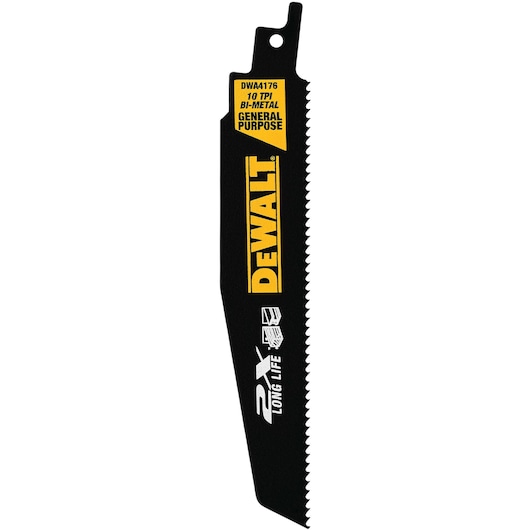 Photo of DEWALT DWA4176 bi-metal reciprocating saw blade, black with yellow logo, for general purpose use.
