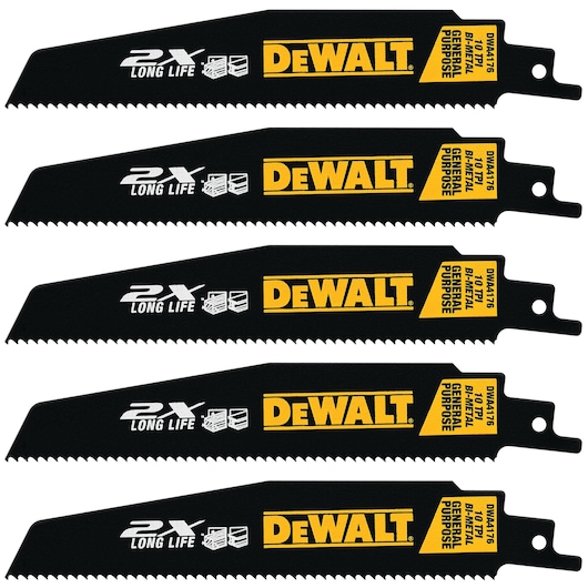 Five DEWALT DWA4176 bi-metal reciprocating saw blades, labeled for general purpose use and long life, shown side by side with black and yellow branding.