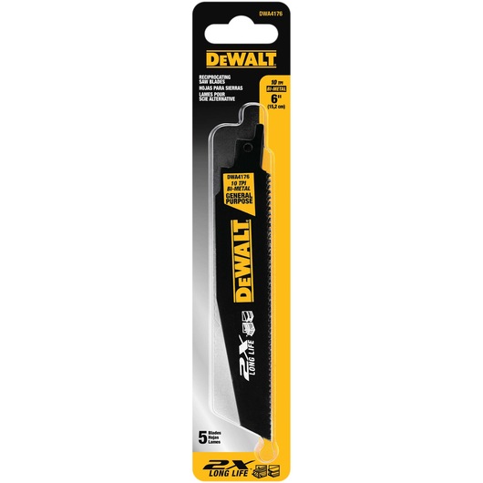 DEWALT DWA4176 reciprocating saw blade, 6 inch, bi-metal, 5 pack, for general purpose cutting tasks.