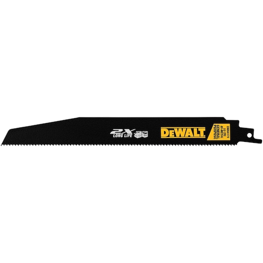 A DEWALT reciprocating saw blade, black in color, with the DEWALT logo and '2X Long Life' marking. The product SKU DWA4179N25 and other specifications are printed on the blade.