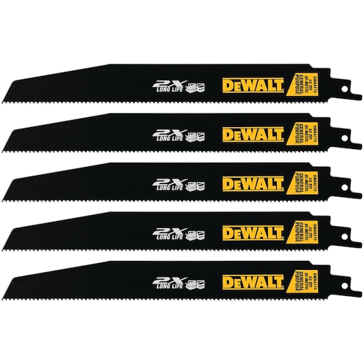 Five black DEWALT reciprocating saw blades, all labeled with '2X Long Life' and 'General Purpose' in yellow and white text, arranged in a stacked row.