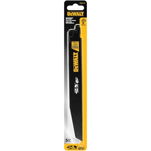 DEWALT reciprocating saw blade, general purpose for metal, 9-inch length, 5 blades in pack, displayed in yellow and black packaging.