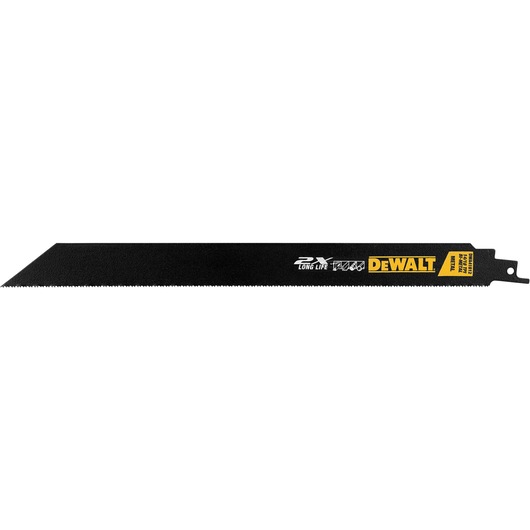 A DEWALT black reciprocating saw blade with fine teeth, featuring branding and text indicating '2X Long Life' and specifications. The blade is designed for cutting and has a straight edge with an angled tip.
