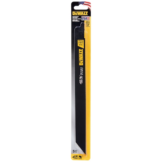 Packaged DEWALT reciprocating saw blade, model DWA41812, 12 inch, designed for cutting metal, featuring a black and yellow color scheme.