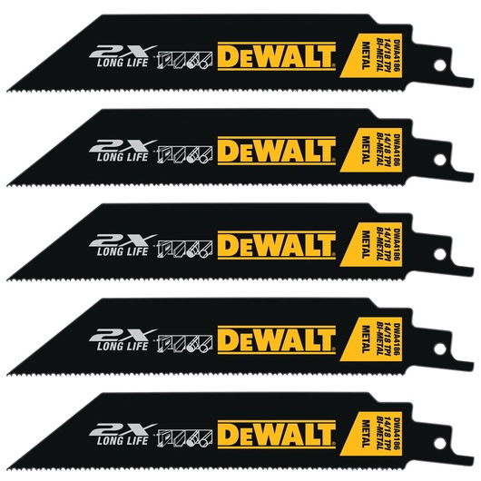 profile of 5 of 14 eighteenths TPI 12 inch Long Life Wood Cutting Reciprocating Saw Blade with packaging.
