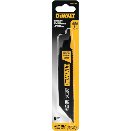 A DEWALT branded reciprocating saw blade in retail packaging. The package displays details such as model DWA4186, 14/18 TPI bi-metal construction, 6 inch length, metal cutting, and indicates there are 5 blades inside. The packaging is black and yellow.