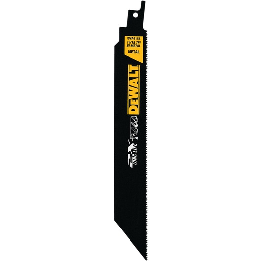 A black DEWALT bi-metal reciprocating saw blade with yellow branding and product details. The blade is labeled as DWA4188, 14/18 TPI, suitable for cutting metal, and features '2X long life' marking.