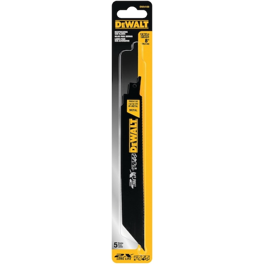 DEWALT DWA4188 8-inch bi-metal reciprocating saw blade in retail packaging, designed for cutting metal. Packaging highlights features such as 14/18 TPI and long life, and displays the DEWALT branding.