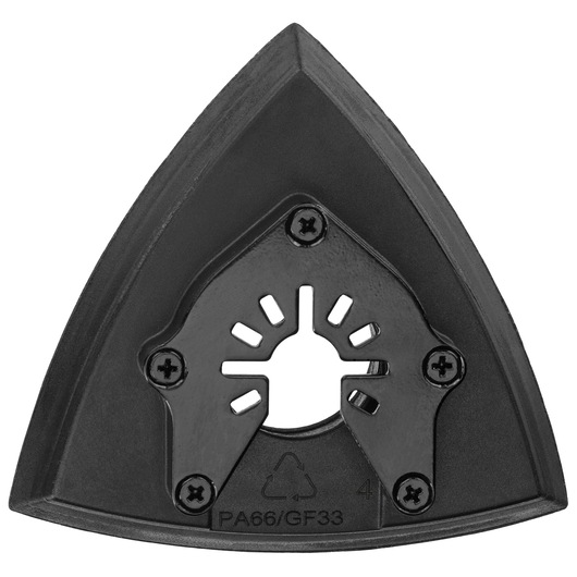 A close-up image of a triangular DEWALT DWA4200 sanding pad accessory, showing its black color, mounting holes, and connector area.