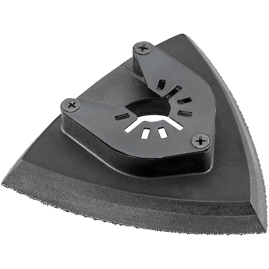 A close-up image of a black triangular DEWALT multi-tool sanding pad attachment, designed for use with oscillating tools. The pad features mounting holes and screws for secure attachment.