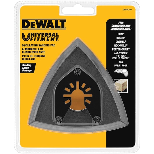 Packaging of a DEWALT oscillating sanding pad, model DWA4200, triangular-shaped and designed for universal fit. The product is displayed on a yellow and black background, and compatible with multiple brands as indicated on the packaging.