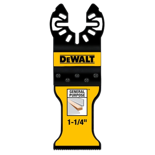 A DEWALT branded general purpose oscillating tool blade, showing a black and yellow design with the DEWALT logo, labelled as 1-1/4 inch.