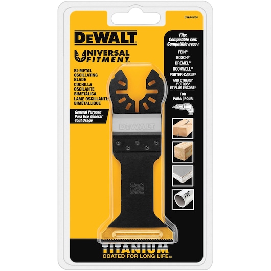 Packaged DEWALT bi-metal oscillating blade with universal fitment, titanium coated for long life. The blade is suitable for general purpose use on wood, metal, drywall, and PVC. The packaging is yellow and black and lists compatible tool brands including FEIN, BOSCH, DREMEL, ROCKWELL, and PORTER-CABLE.
