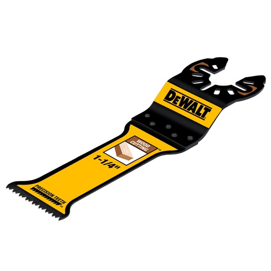 A DEWALT 1-1/4 inch wood cutting saw blade attachment, featuring precision teeth and designed for cutting wood. The blade is black and yellow with the DEWALT logo and has a graphic indicating it is for wood cutting.