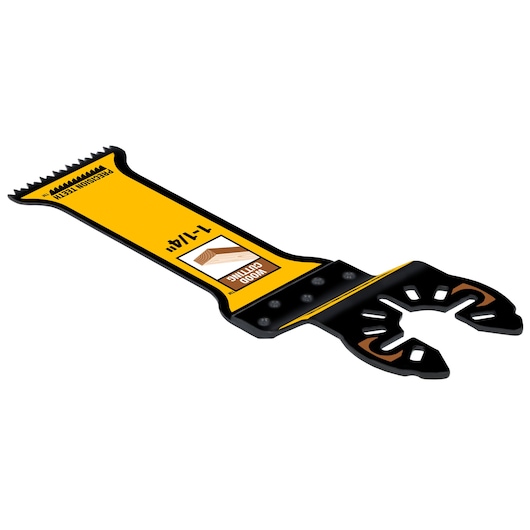 A DEWALT oscillating tool blade attachment designed for wood cutting, featuring a yellow and black color scheme with precision teeth and labeled as 1-1/4 inch.