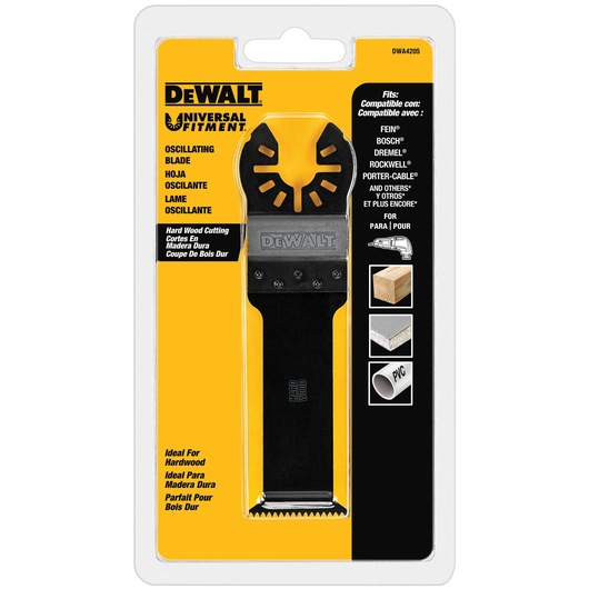 DEWALT Universal Fitment oscillating blade for hard wood cutting, shown in retail packaging. The packaging is yellow and black, displays product compatibility with several brands, and indicates ideal use for hardwood, PVC, and other materials.
