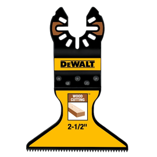 A DEWALT wood cutting blade for oscillating tools, model DWA4207, featuring a yellow and black design. The blade is labeled 'WOOD CUTTING' and '2-1/2"' indicating its width.