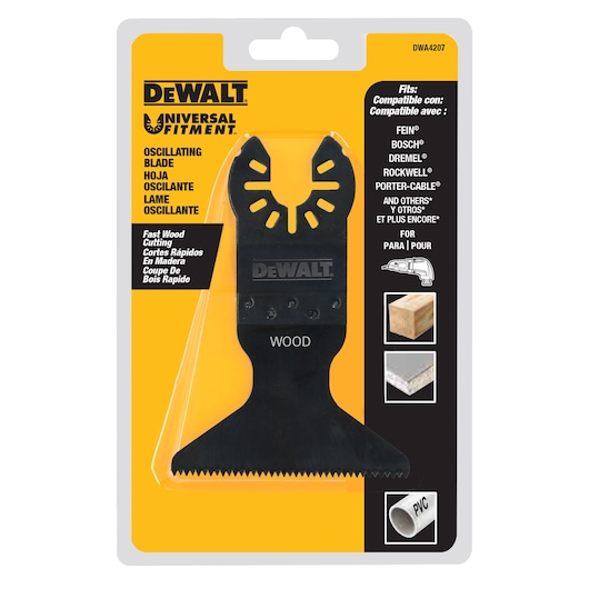 profile of Wide Oscillating Fastcut Wood Blade with packaging.