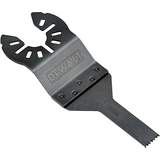 A close-up image of a DEWALT DWA4208 oscillating tool blade designed for wood cutting. The blade features a black metallic finish and the DEWALT logo engraved on its upper part.