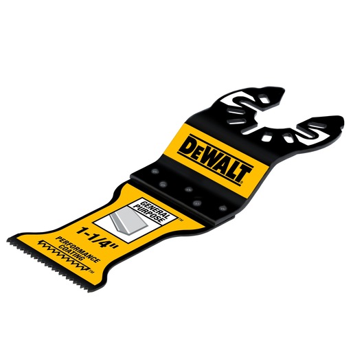 A DEWALT branded oscillating multi-tool blade, yellow and black in color, labeled as 'General Purpose' and '1-1/4 inch Performance Coating'. The blade features a jagged cutting edge and a universal fit connector.