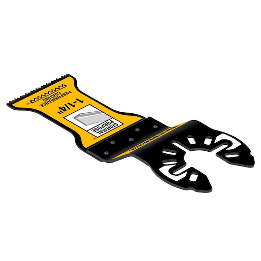 A DEWALT DWA4209 oscillating tool blade with a yellow and black design. The blade is marked as 'General Purpose' and '1-1/4 in', suitable for cutting various materials.