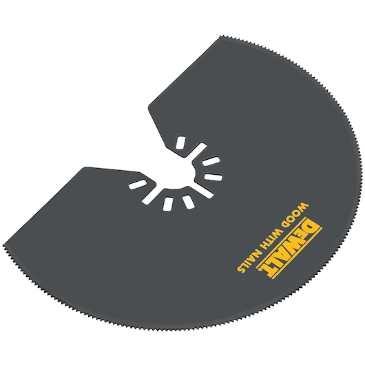 A DEWALT branded semi-circular saw blade accessory designed for cutting wood with nails, featuring sharp teeth along the curved edge and a center mounting hole.
