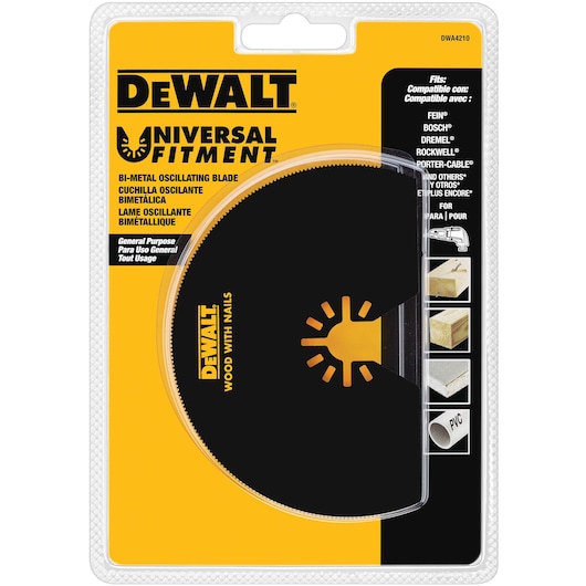DEWALT bi-metal oscillating blade in retail packaging labeled as Universal Fitment. The packaging is yellow and black, showing compatibility with brands such as Fein, Bosch, Dremel, Rockwell, Porter-Cable, and others. Suitable for cutting wood with nails, plywood, particle board, and PVC. SKU: DWA4210.