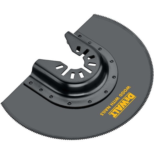 A DEWALT branded oscillating tool blade, specifically designed for cutting wood with nails. The blade is semicircular and black, with serrated edges, and features mounting holes in the center.