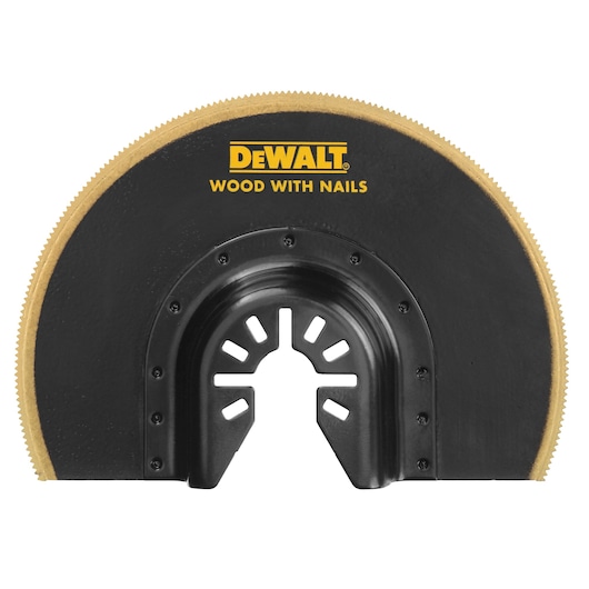DEWALT oscillating tool blade for cutting wood with nails, semicircular shape, black with yellow edge and brand logo.