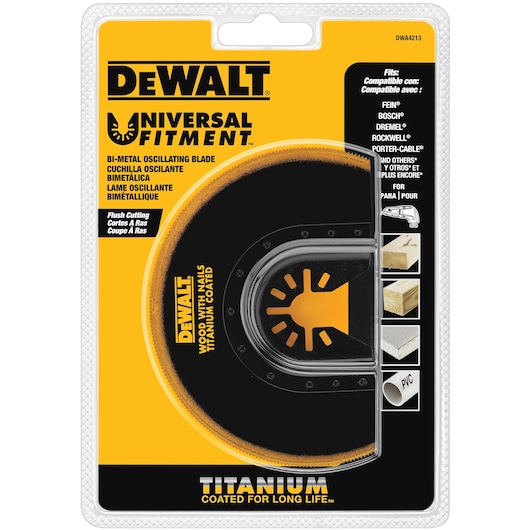 Packaging of a DEWALT bi-metal oscillating blade (model DWA4213) with universal fitment, designed for flush cutting wood with nails, plastic, and PVC. The blade is titanium-coated for long life and compatible with multiple tool brands.