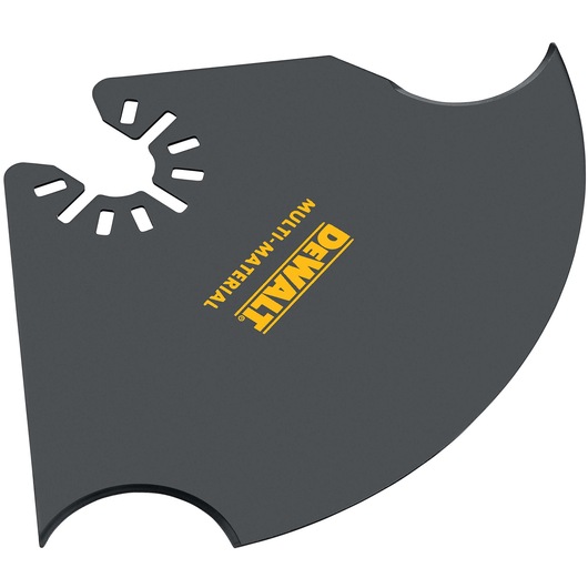 A DEWALT branded multi-material oscillating tool accessory blade with a semicircular shape and a mounting slot, used for cutting various materials.