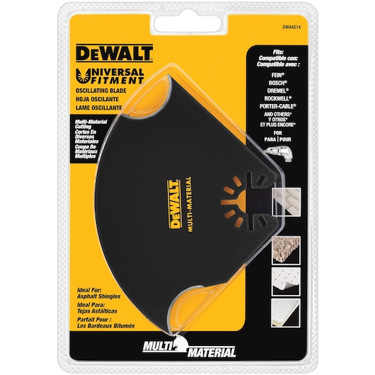 DEWALT Universal Fitment oscillating blade in retail packaging. The blade is designed for multi-material cutting and is compatible with various brands, including FEIN, BOSCH, DREMEL, ROCKWELL, and PORTER-CABLE. The packaging highlights its suitability for asphalt shingles and other materials.